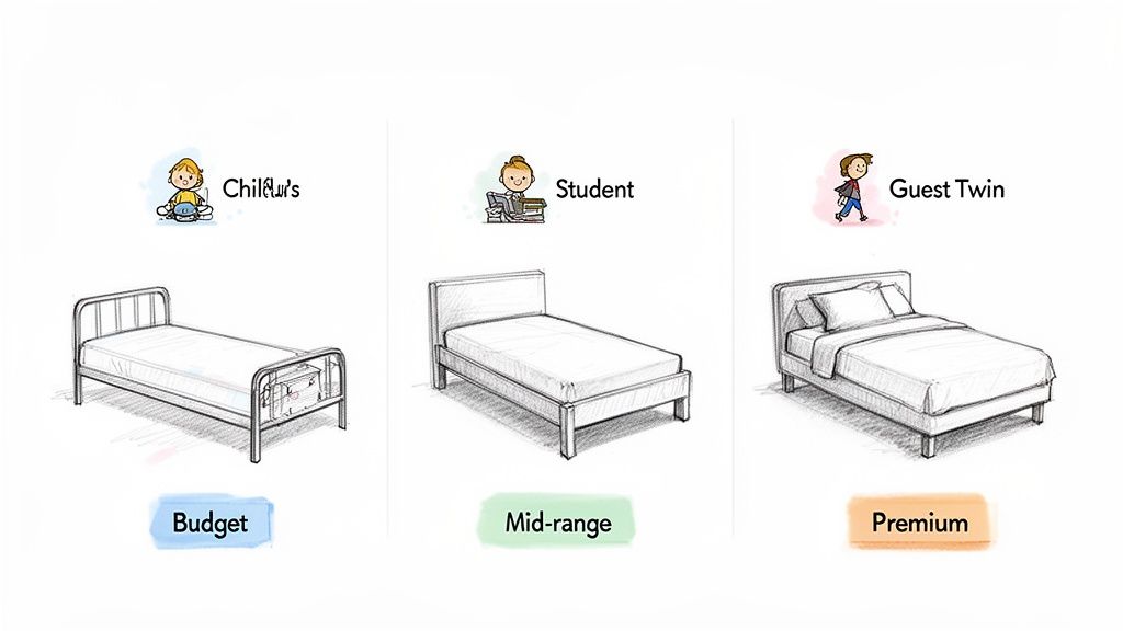 Illustration showing three types of beds: Child's budget, Student mid-range, and Guest Twin premium mattresses.