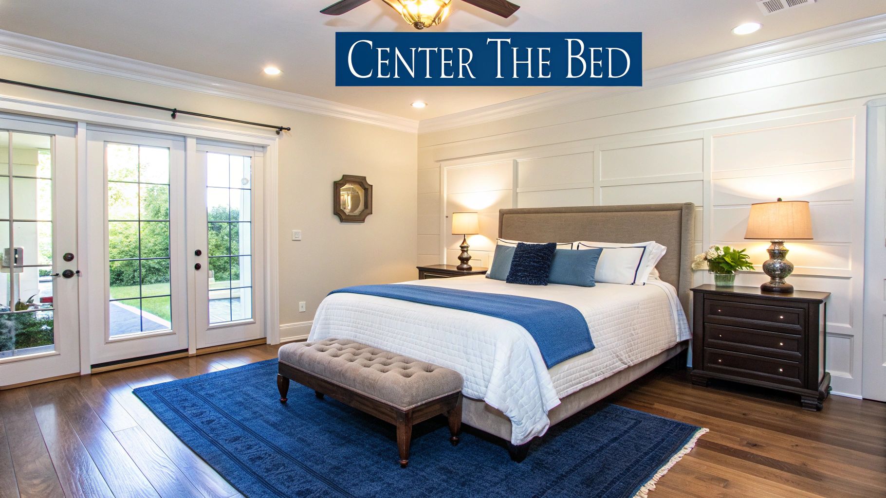 Elegant master bedroom featuring a large bed with blue accents, nightstands, and French doors.
