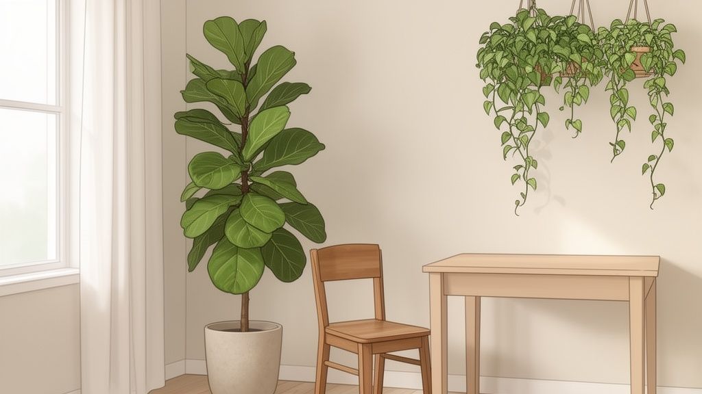 A bright room featuring a tall fiddle leaf fig, two hanging plants, a wooden chair, and a table.