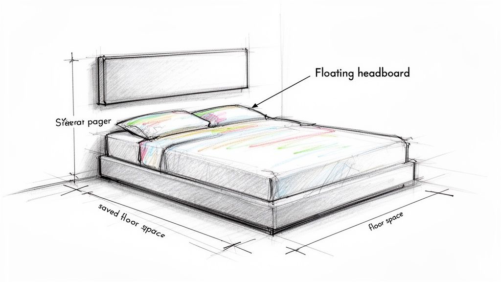 A detailed sketch showing a bed with a wall-mounted floating headboard, highlighting saved floor space.