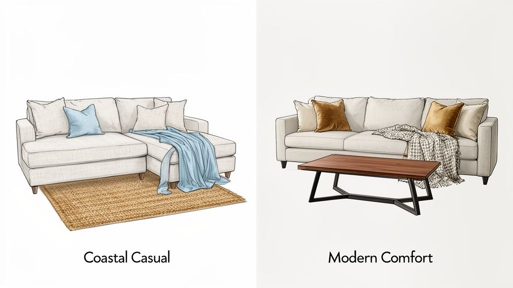 Two distinct living room sofa styles: a coastal casual sectional with blue accents and a modern comfort sofa with a coffee table.