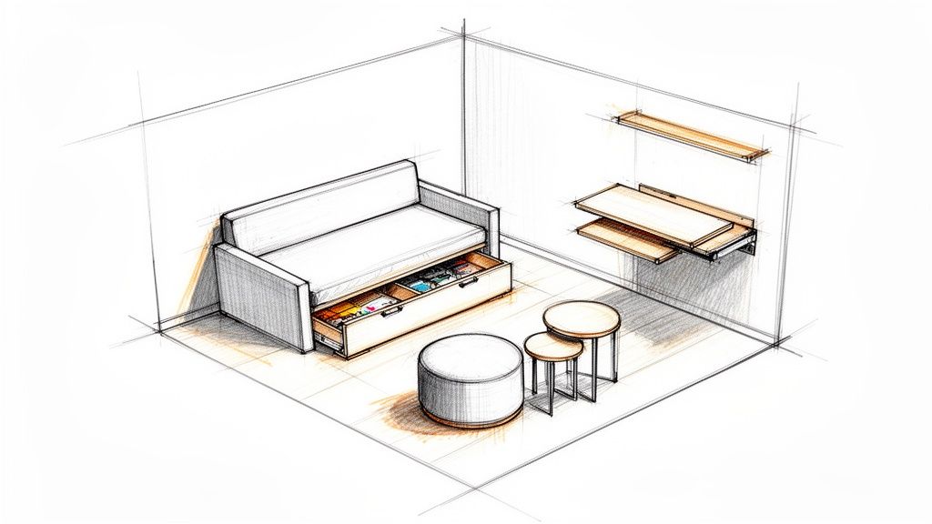 An isometric sketch shows space-saving furniture for a small living room, featuring a sofa with storage and a wall-mounted desk.