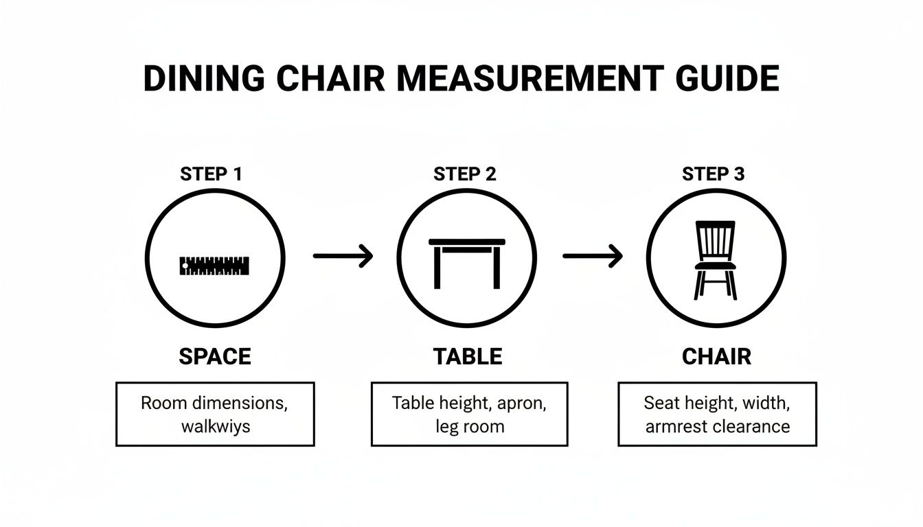 A three-step visual guide on how to measure for dining chairs, covering space, table, and chair dimensions.