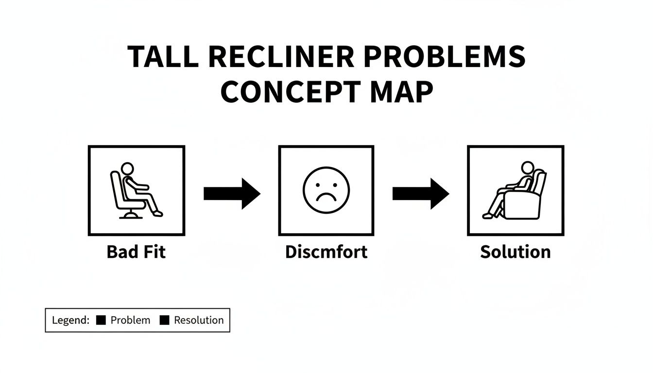 Concept map illustrating tall recliner problems: bad fit causes discomfort, leading to a solution.