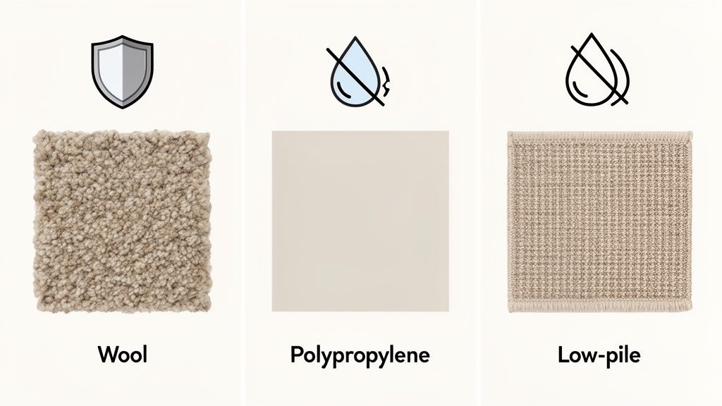 Three carpet samples: Wool with a shield, Polypropylene with water resistance, and Low-pile also water resistant.