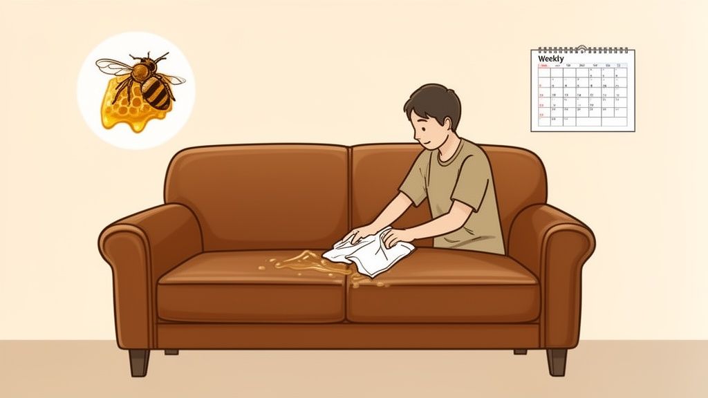 A person cleaning a honey spill from a brown leather couch with a cloth, with a bee and honeycomb visible.