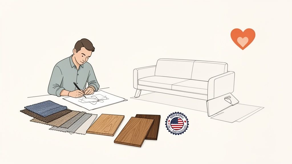 A person sketches a sofa design, surrounded by fabric samples, wood swatches, and a 'Made in USA' label.