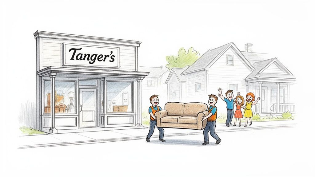 Illustration of furniture delivery: two movers carry a couch past a family and a Tanger's store.