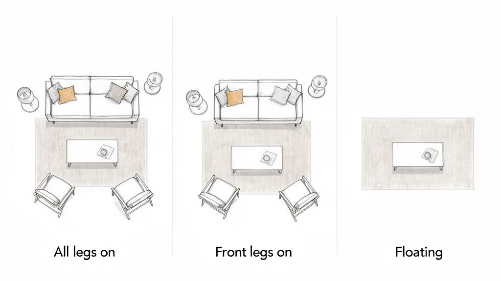 Top-down view illustrating three living room rug placement options: all furniture legs on, front legs on, and floating.