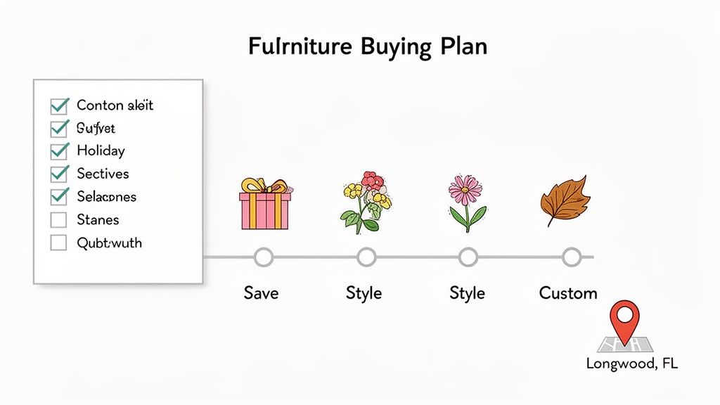 A 'Furniture Buying Plan' with a checklist, a visual timeline of options, and a location in Longwood, FL.