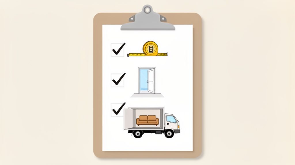 A clipboard checklist for moving furniture, showing a measuring tape, an open door, and a delivery truck.