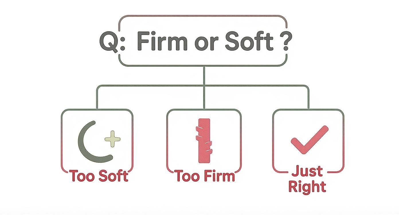 A flowchart asking 'Firm or Soft?' with three options: 'Too Soft', 'Too Firm', and 'Just Right'.