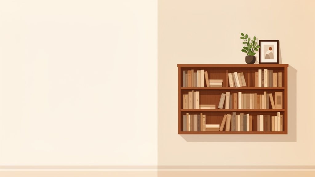 A minimalist image featuring a wooden bookshelf filled with books, a potted plant, and a framed picture on a light-colored wall.