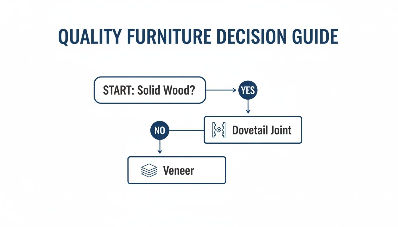 Flowchart guiding quality furniture decisions: solid wood leads to dovetail joints, otherwise veneer.