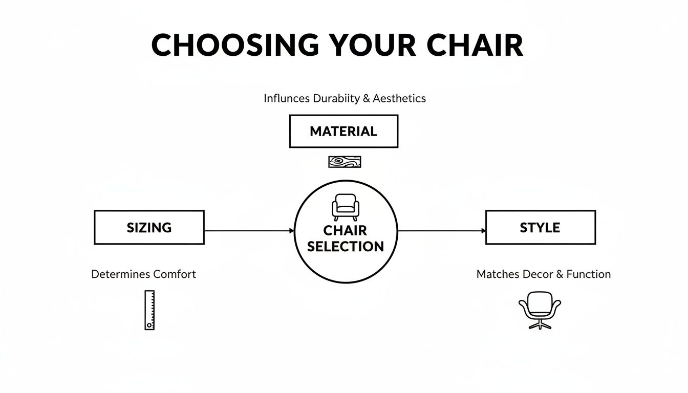Flowchart titled 'Choosing Your Chair' showing factors like material, sizing, and style for chair selection.