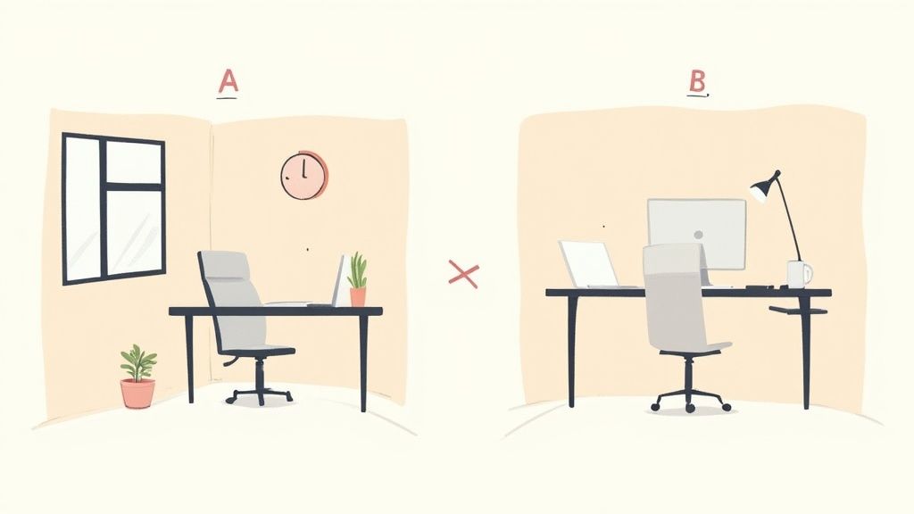 A well-organized home office layout with a desk facing a window, showing good use of natural light.