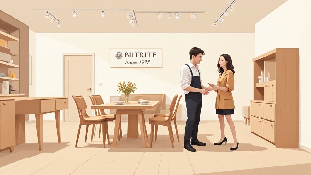 A friendly BILTRITE team member helps a customer in the well-lit showroom.