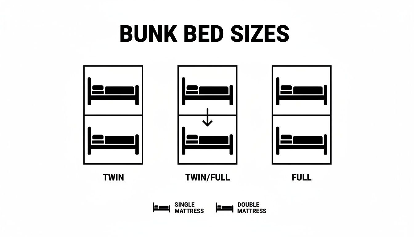 Diagram illustrating bunk bed sizes: Twin, Twin/Full, and Full, with mattress type legends.