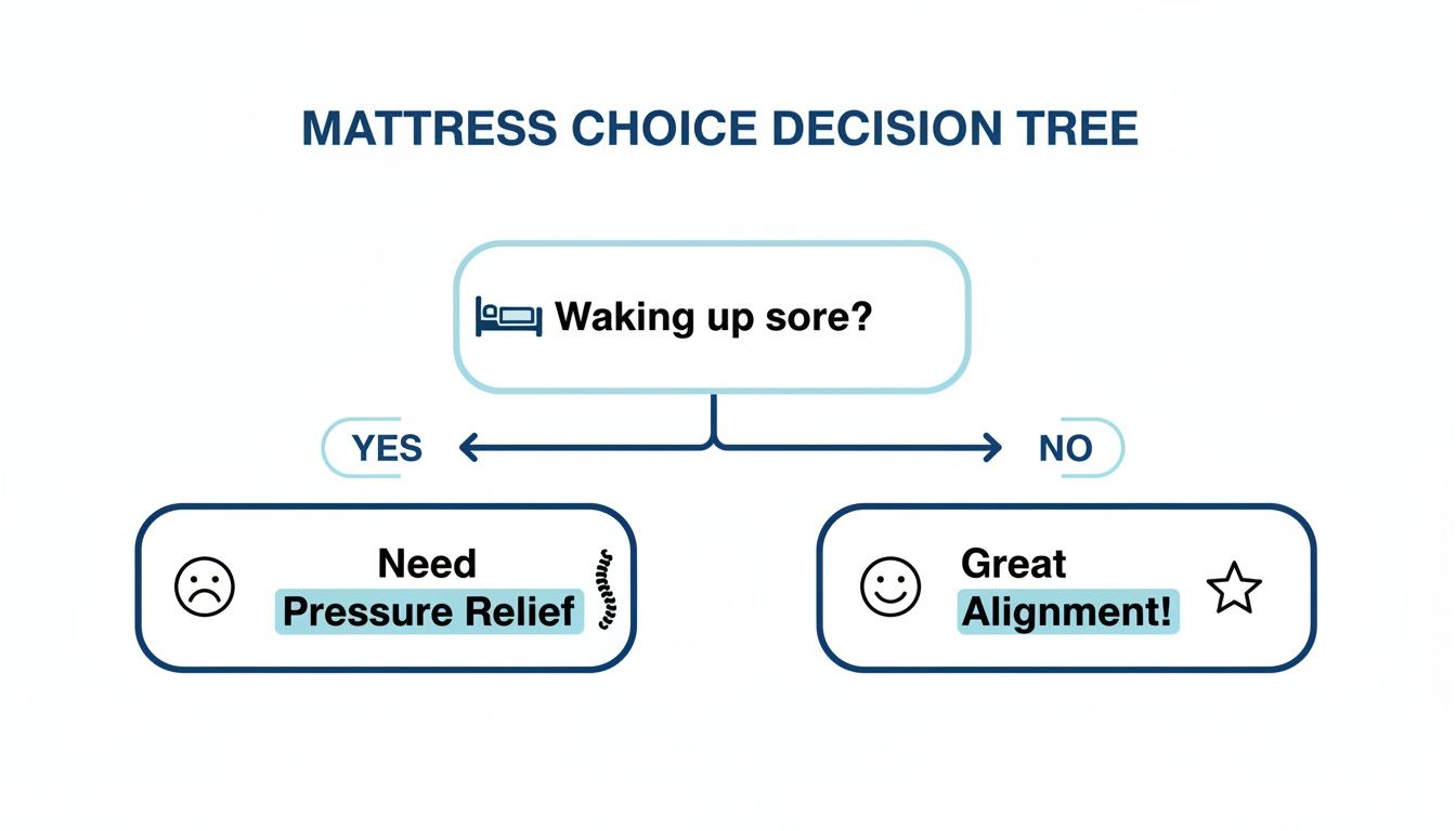 A mattress choice decision tree illustrating choices for pressure relief or alignment based on waking up sore.