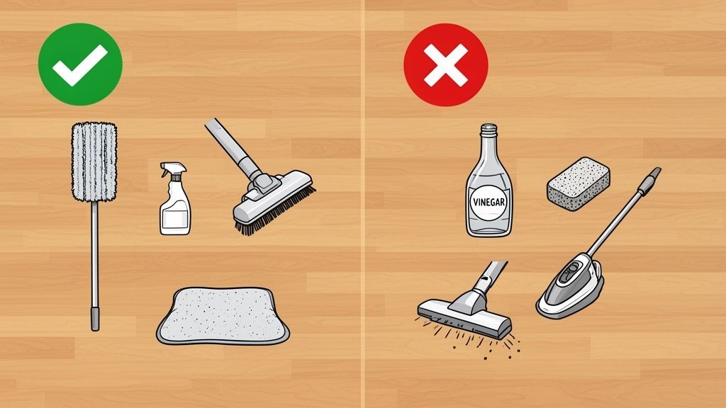 Illustration showing proper and improper cleaning tools and products for hardwood floor maintenance.