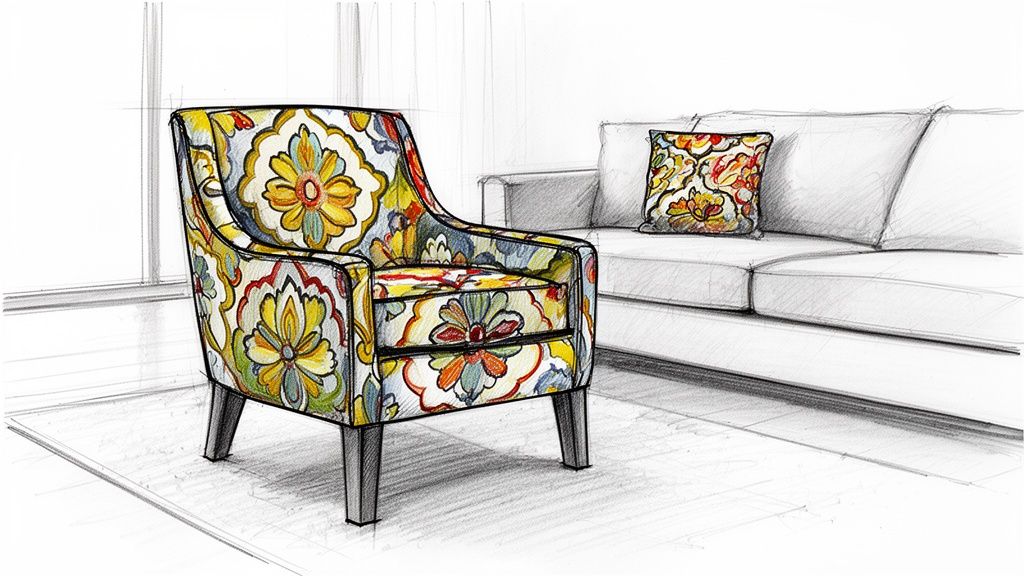 A colorful, floral-patterned accent chair in a design sketch of a living room with a white sofa.