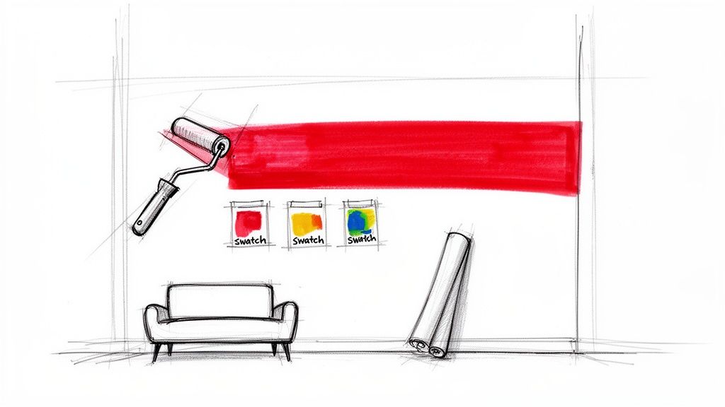 A sketch of a living room being painted red, featuring color swatches, a sofa, and wallpaper.