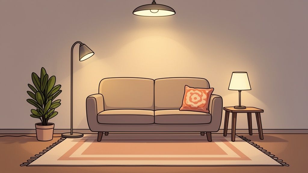 A cozy living room with a beige sofa, potted plant, floor lamp, and table lamp on a rug.