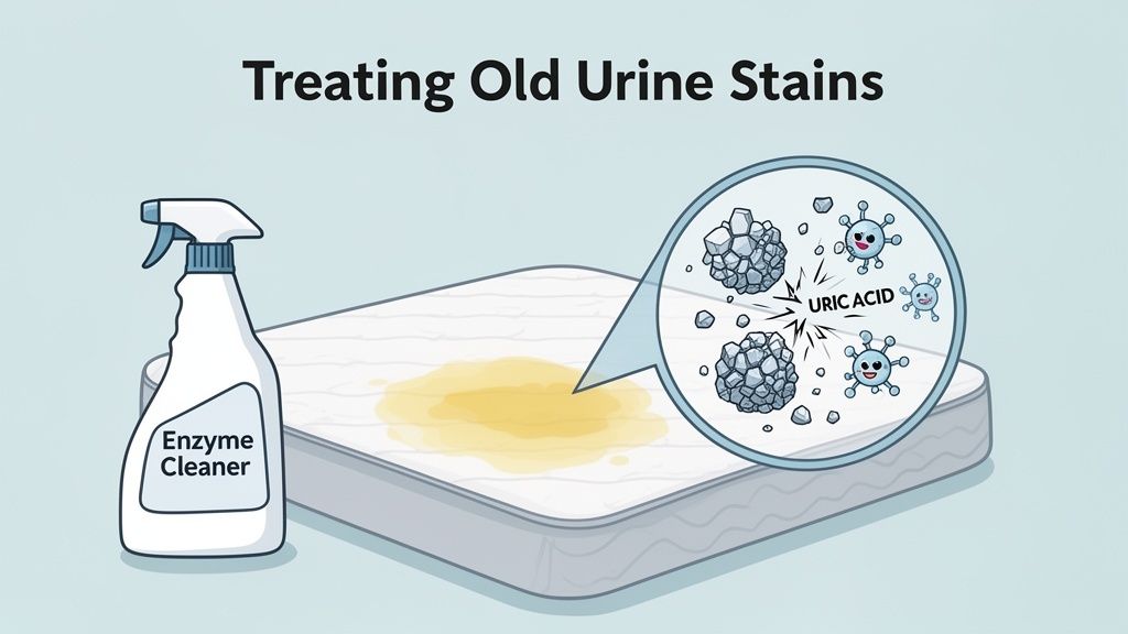 An enzyme cleaner breaks down uric acid crystals in an old urine stain on a mattress.