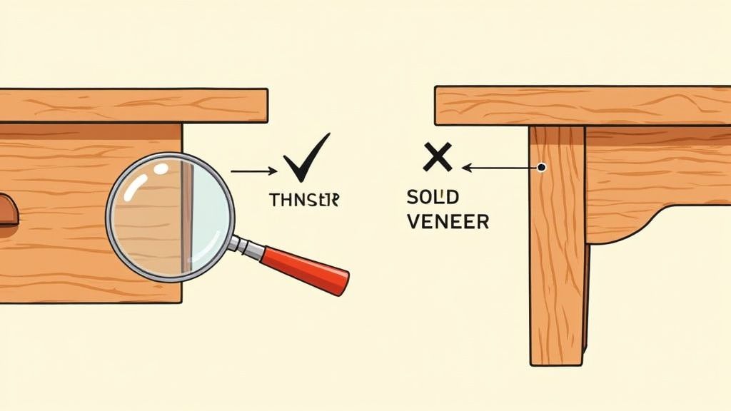 Illustration showing how to distinguish solid wood furniture with continuous grain from veneered pieces.