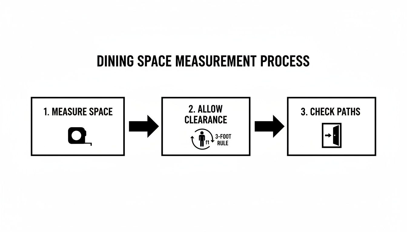Flowchart illustrating three steps for dining space measurement: measure, allow clearance (3-foot rule), and check paths.