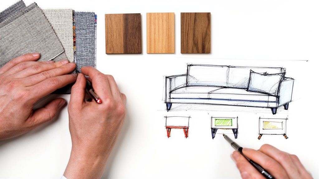 Hands selecting fabric and wood samples, alongside sketches of a modern sofa design.
