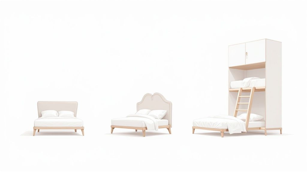 A modern bedroom with a stylish loft bed, creating a functional workspace underneath.