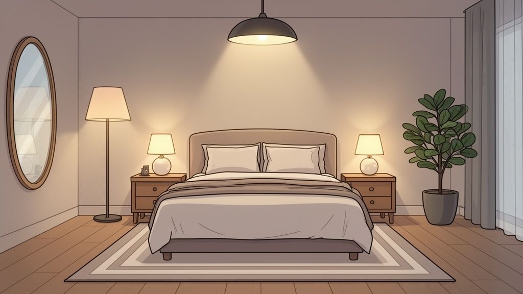 A cozy bedroom interior featuring a bed, two nightstands with lamps, a floor lamp, and a plant.