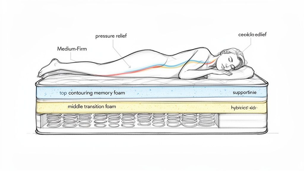 Detailed diagram of a mattress with a person sleeping, highlighting foam layers and spring support.
