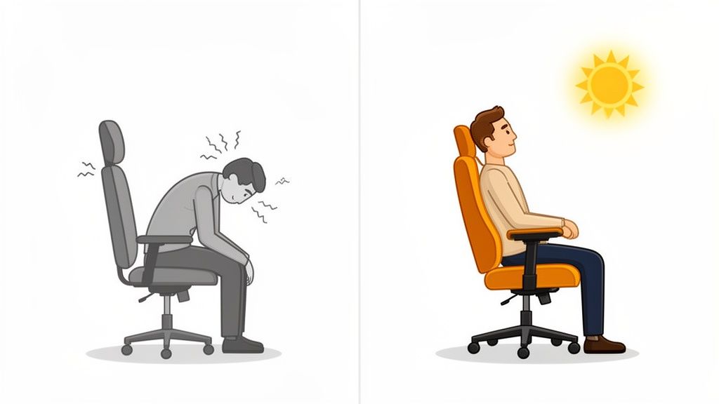 Comparison of a person with bad posture experiencing pain versus good posture and comfort in an office chair.