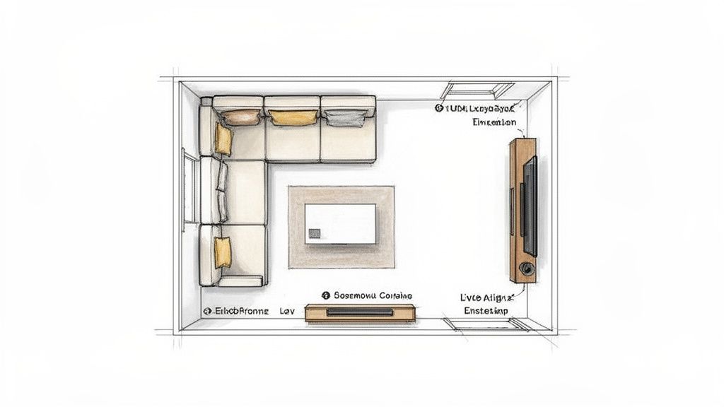 Top-down sketch of a living room layout featuring an L-shaped sectional sofa, coffee table, and TV.
