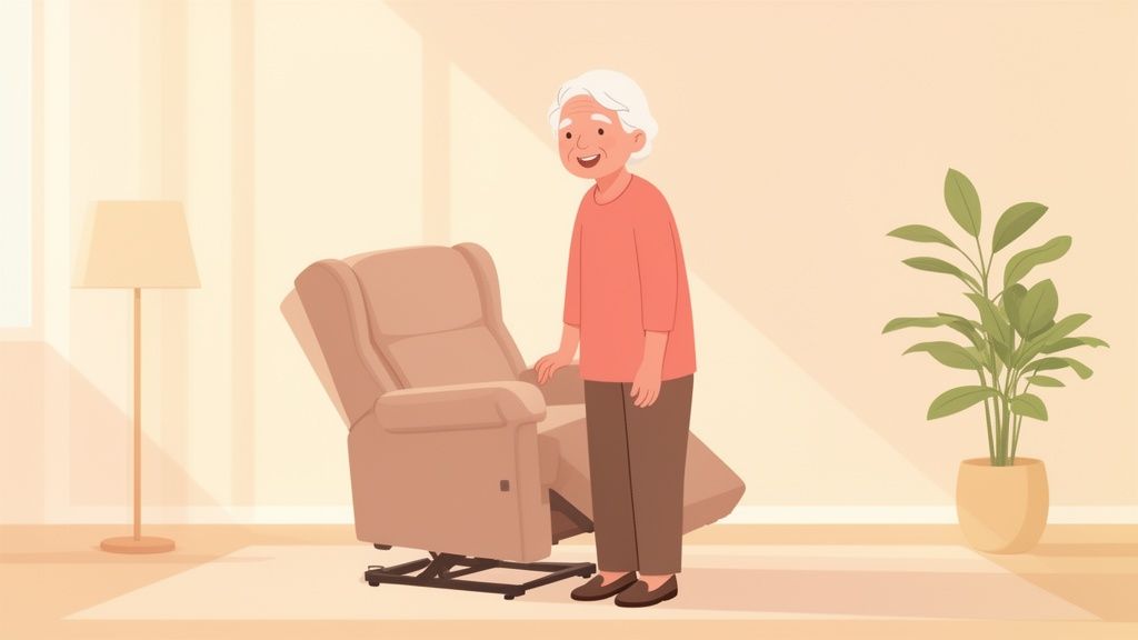An elderly woman stands smiling next to a beige lift chair, with a floor lamp and plant.