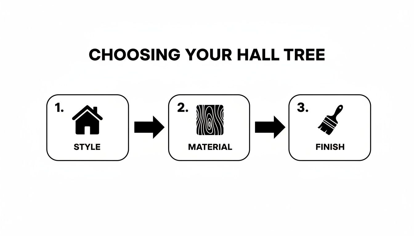 A flowchart illustrating three steps for choosing a hall tree: style, material, and finish.