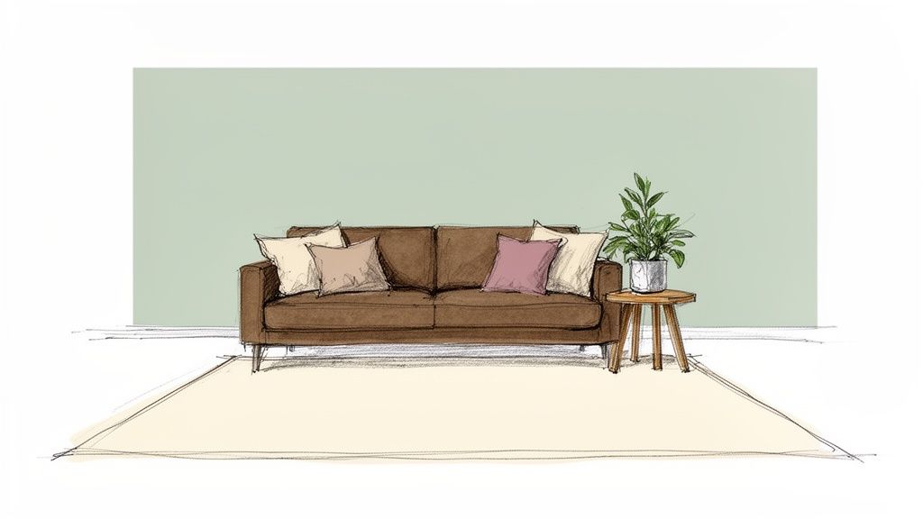 A hand-drawn illustration of a brown sofa with colorful pillows against a light green wall and a cream rug.