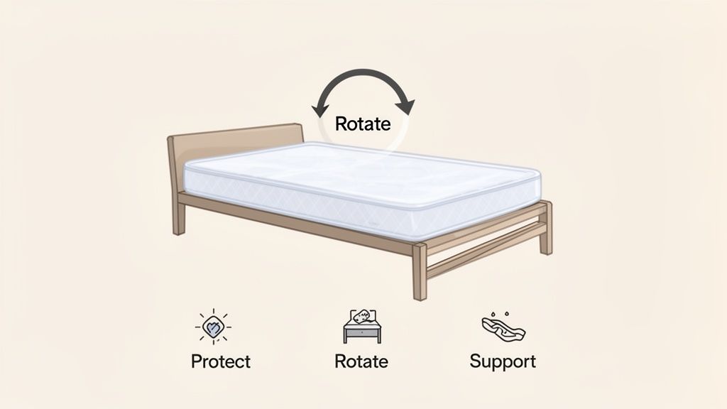 An illustration of a mattress on a bed frame with an arrow showing rotation, alongside icons for protect, rotate, and support.
