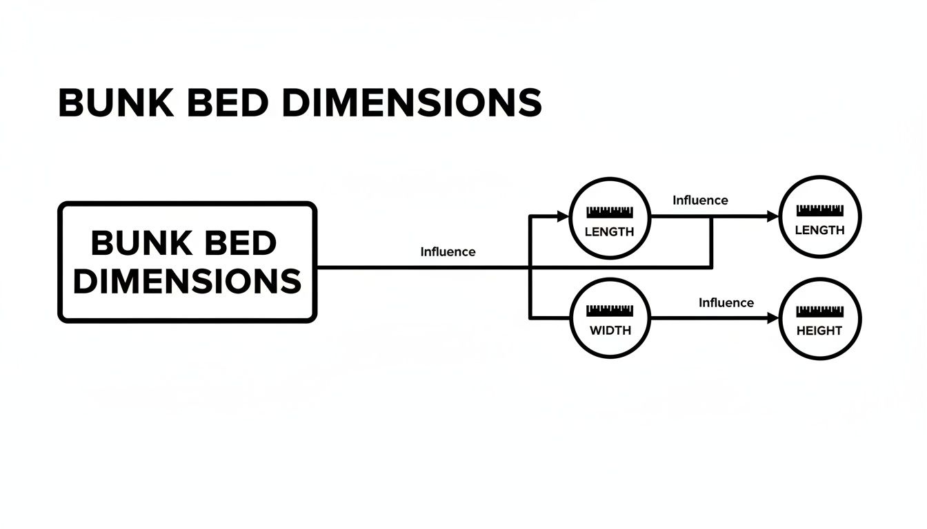 Flowchart showing bunk bed dimensions influencing length, width, and height measurements.