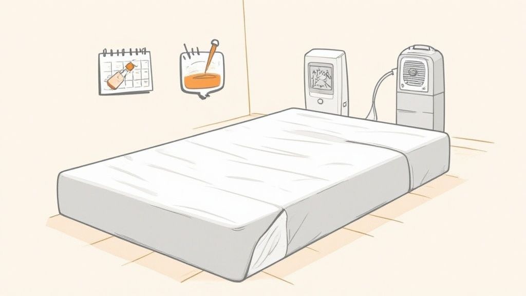 An illustration of a mattress on the floor with two connected devices, a calendar, and a hanging bag on the wall.