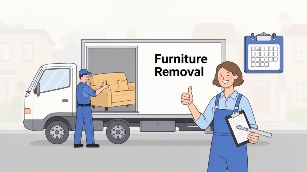 Illustration of movers loading a sofa into a truck, with a woman giving a thumbs up for furniture removal services.