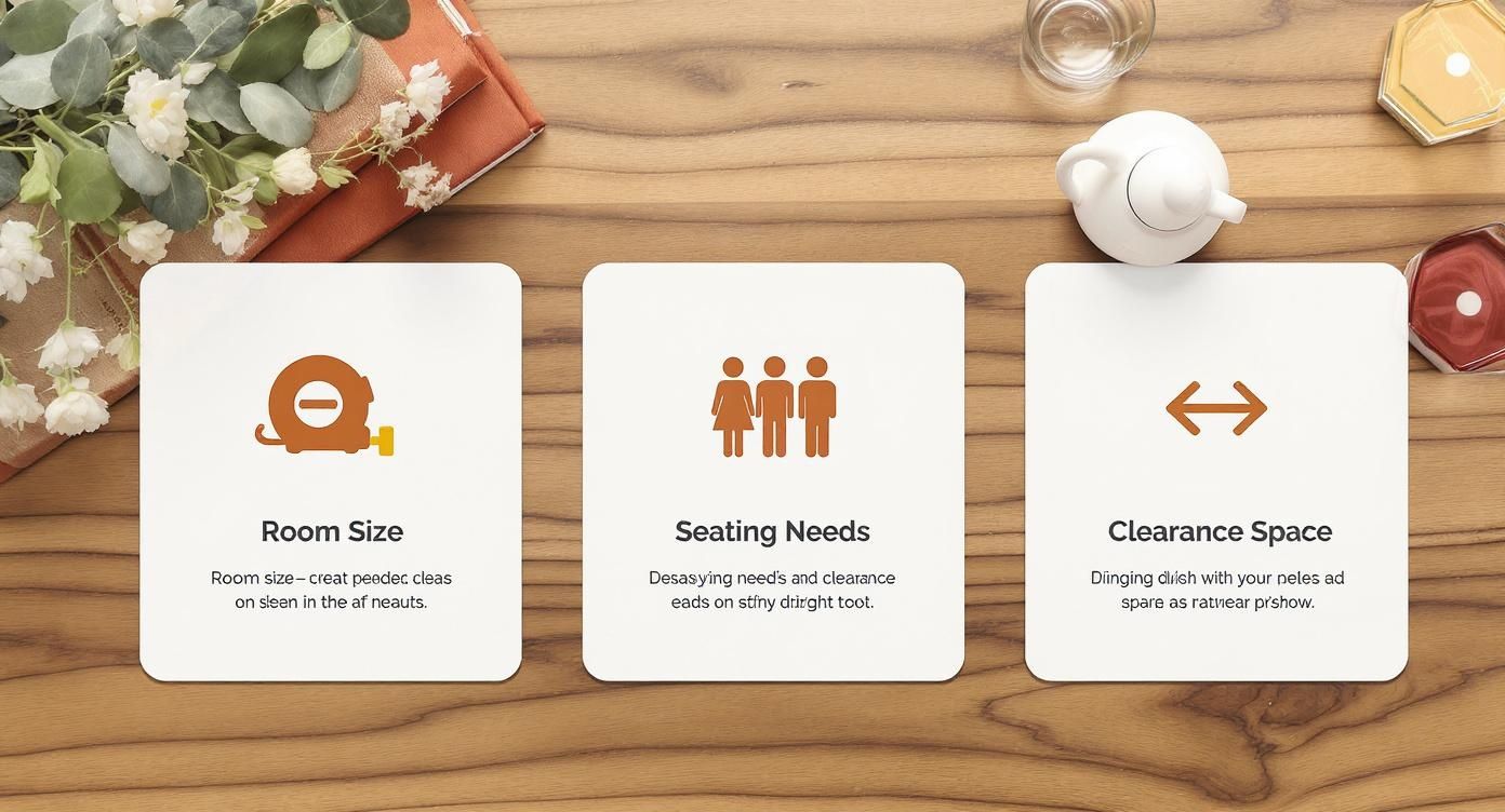 Three planning cards on a wooden table detailing room size, seating needs, and clearance space for furniture.