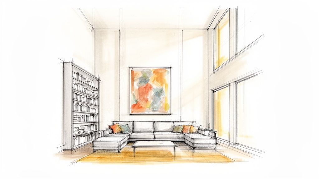 Watercolor sketch of a modern living room featuring high ceilings, a large sectional sofa, and abstract artwork.