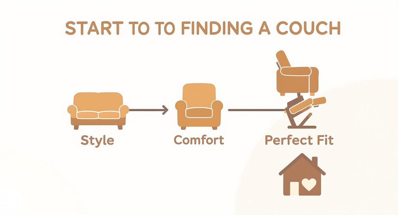 Infographic illustrating the process of finding a couch based on style, comfort, and perfect fit for home.