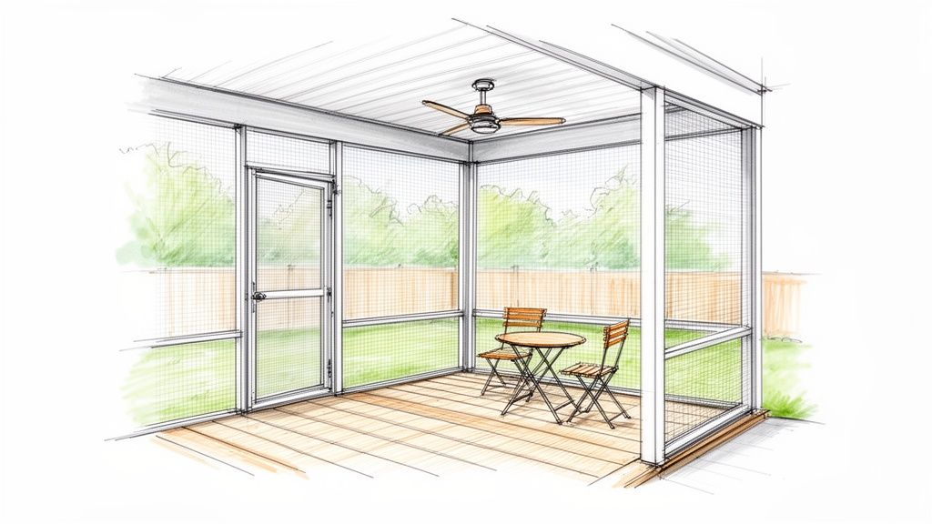 A hand-drawn sketch of a screened-in porch with a wooden deck, ceiling fan, and outdoor furniture.