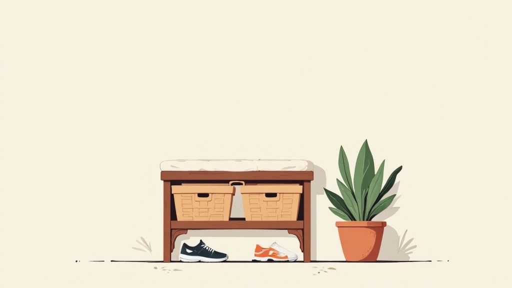 A simple wooden bench with a cushion, storage baskets, sneakers, and a potted plant.
