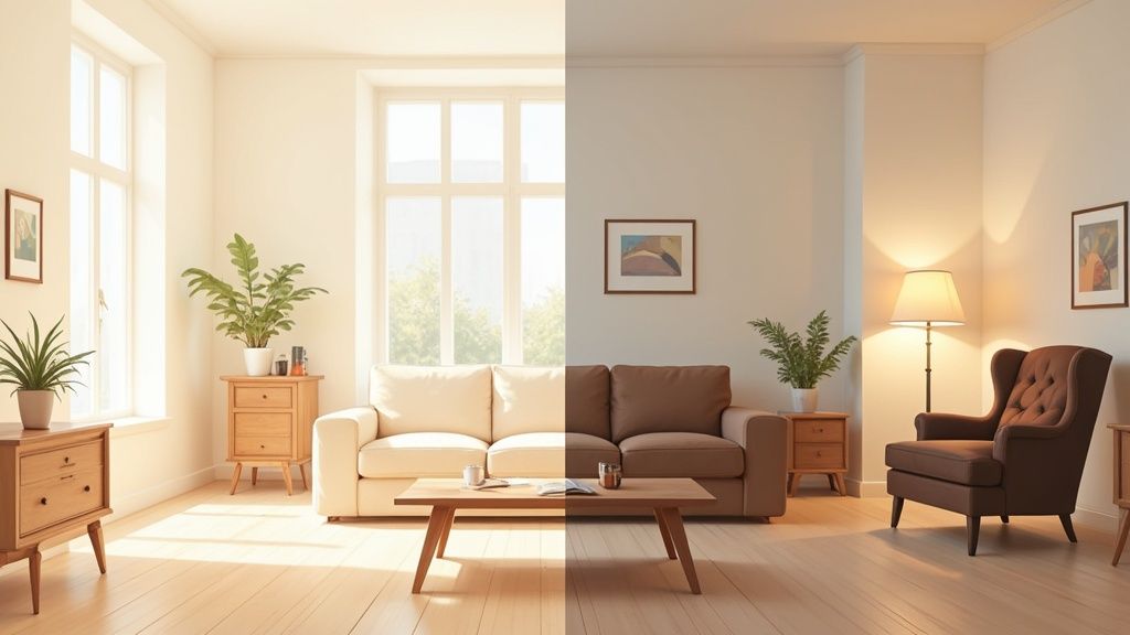 Side-by-side view of a living room, contrasting bright daylight with warm evening lighting.