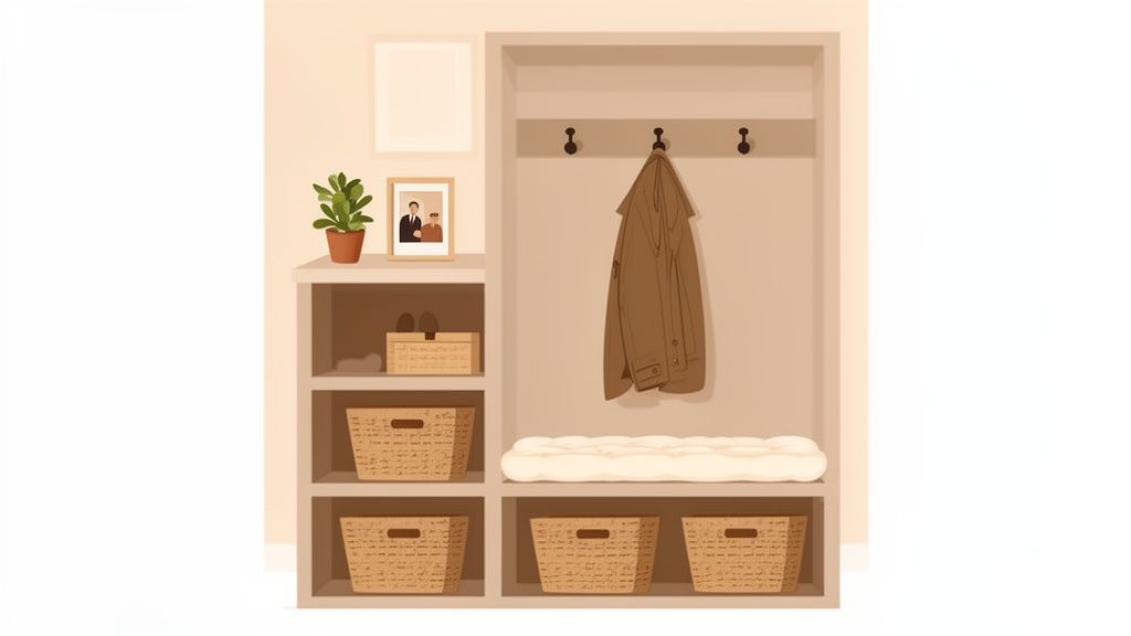 An organized entryway hall tree with coat hooks, bench, shelves, and wicker storage baskets.